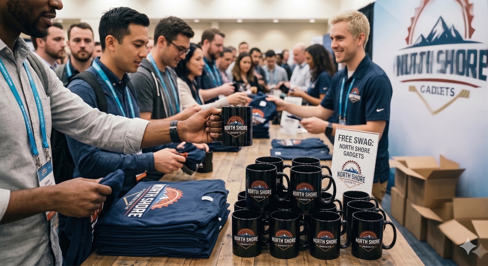 Custom branded mugs and t-shirts being handed out at a trade show booth