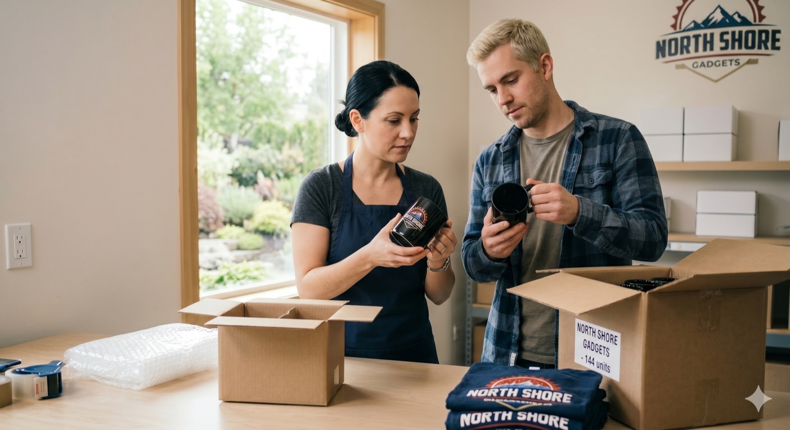 Customers unboxing and inspecting their newly delivered branded mugs and apparel
